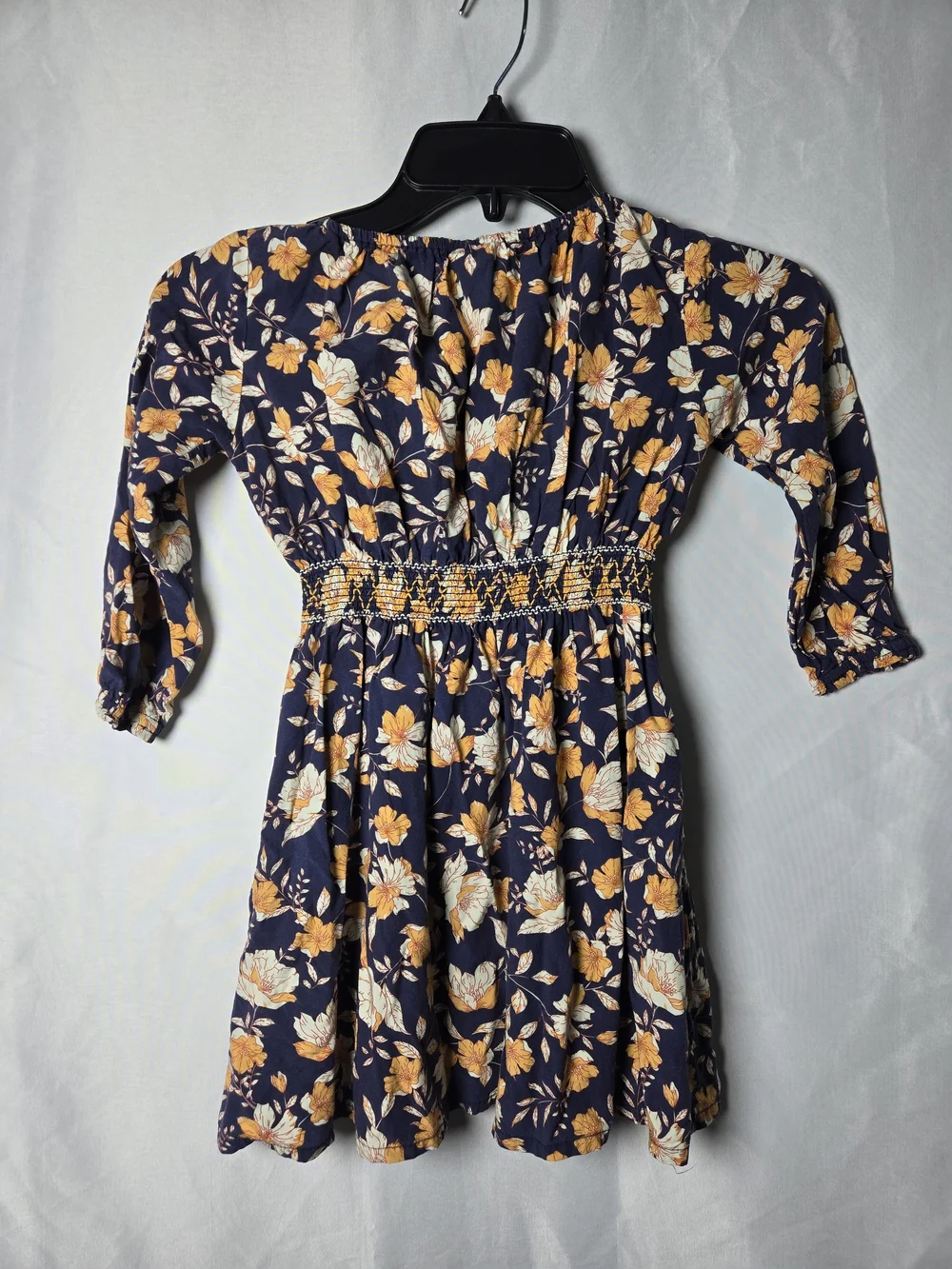 Navy Floral Smocked-Waist Dress with Yellow & Cream Flowers